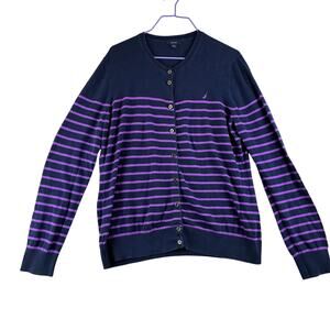 Nautica Button Up Long Sleeve Sweater Women's XL Navy & Purple Striped Dark Prep